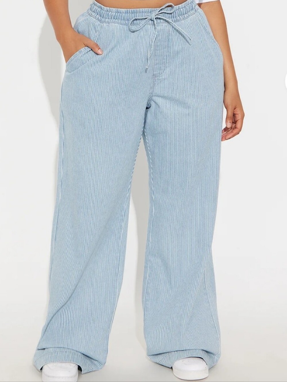 Wide Leg Drawstring Pants - Light Blue Stripe